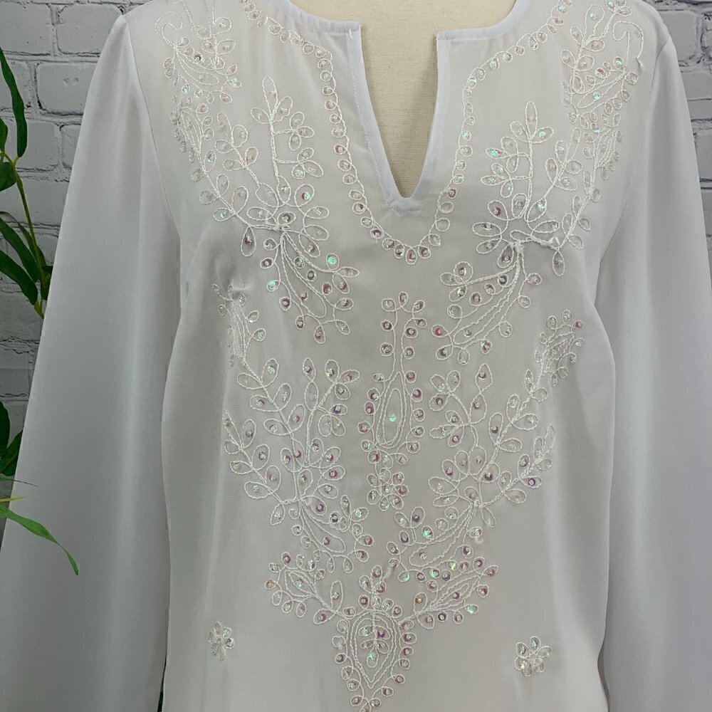 🎉Notations White Sheer Blouse w/ Beading Detail - Picture 2 of 7